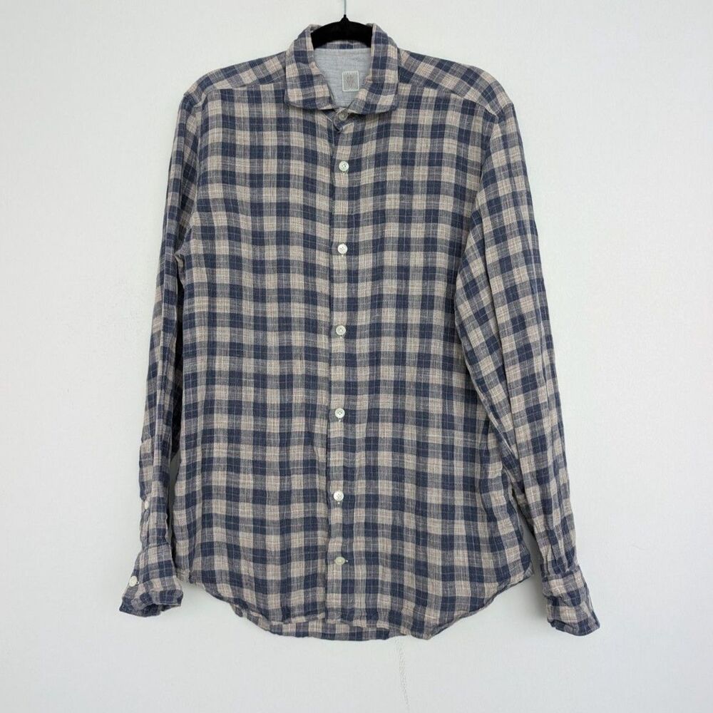 Eleventy Platinum Gingham Plaid Linen Long Sleeve Button Up Shirt Sz M